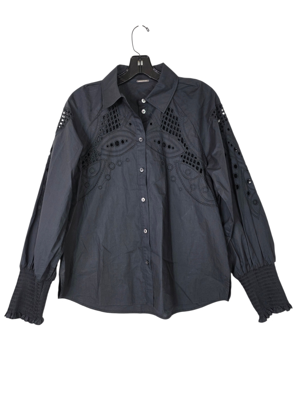 Elie Tahari Embroidered laser cut Button down elastic Cuff Blouse